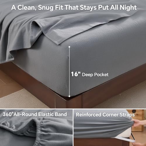 BEDELITE 100% Cotton Flannel Sheets King Size, Dark Grey, 4 Pieces