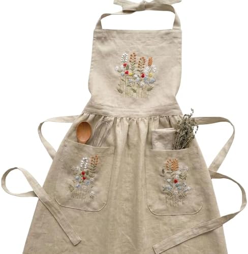 +Linen Embroidered +Apron For +Women With +Pockets, Cute Kitchen