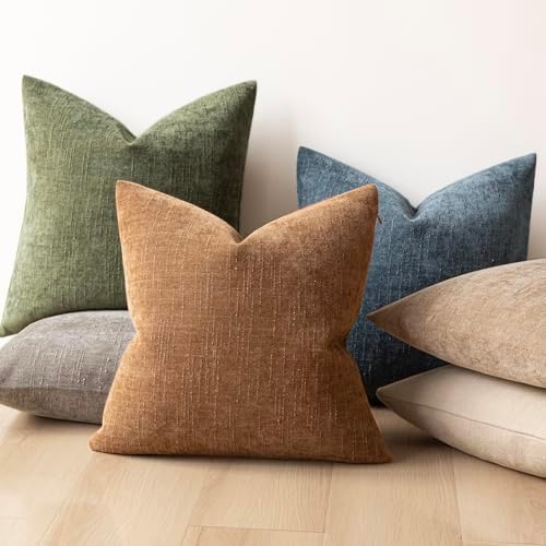 Foindtower Solid Textured Chenille Throw Pillow Covers 22x22,Olive