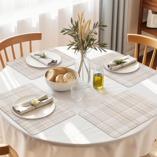 Farmhouse Tartan Beige Plaid Leather Placemats Set of 6,12x18