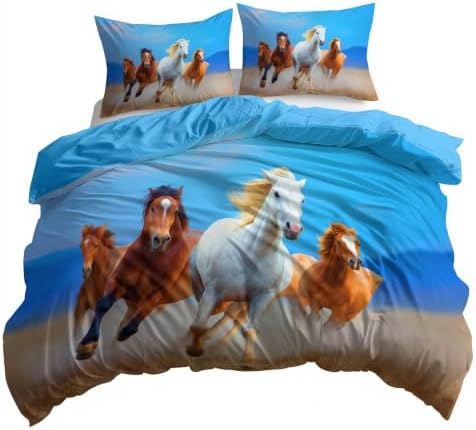 King Duvet Cover Set Soft Microfiber Running Horse Sky Blue