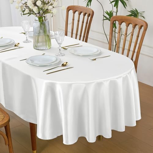 White Satin Oval Tablecloth 60 x 102 Inch for 8-10 Seats