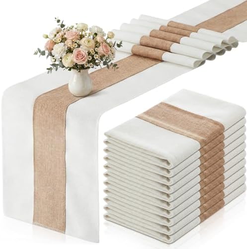 Boao 10 Pack Burlap Table Runners 12 x 108 Inch, White Edges Wedding