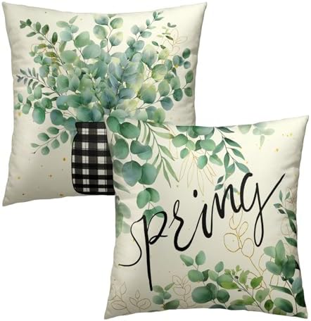 Spring Eucalyptus Leaf Pillowcase Set of 2 Black and White Plaid Decor