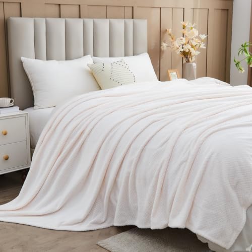 NEWCOSPLAY Fleece Leaves Pattern King Blanket, Ivory, 90"x110"