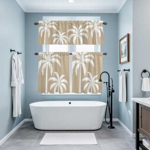 Brown Palm Tree Kitchen Curtains Set, Coastal Tropical Summer Coconut
