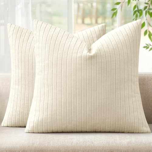 MIULEE Set of 2 Cream Textured Striped Throw Pillow Covers 20x20 Inch