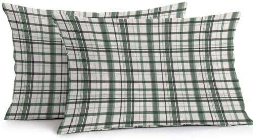 Sage Green Plaid Outdoor Pillow Covers 20"x12" Set of 2, Waterproof
