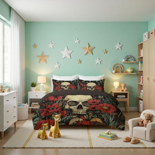 Charcoal Gray Gothic Skull Starry Sky Duvet Cover Set for Women Girls
