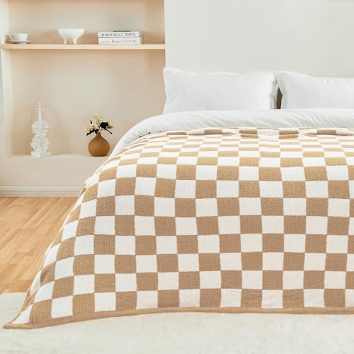 CozeCube Beige White Reversible Checkered Knit Throw Blanket 50"x60"