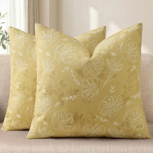 decorUhome Floral Faux Linen Throw Pillow Covers 20x20 Set of 2 Yellow