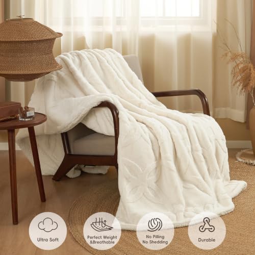 PHF Soft Sherpa Fleece Blanket King, Tufted Jacquard, 01-Cream