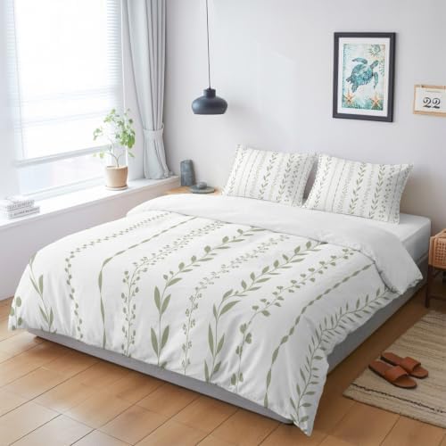 Spring Botanical Duvet Cover Queen Size, Modern Simple Floral Stripes