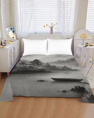 Cal King Size Flat Sheet Only, Foggy Forest Mountain Tree Boat on Lake