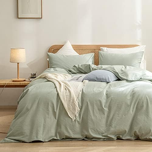 BESTOUCH Cotton Solid Duvet Cover Set Linen Feel Sage Green California