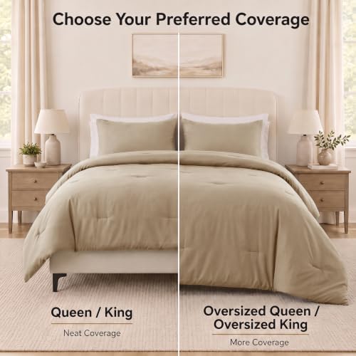 CozyLux King Comforter Set, 3 Pieces Down Alternative Bedding, Taupe
