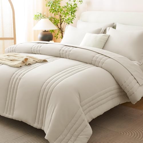 CozyLux Queen Comforter Set Beige - 7 Pieces Vertical Quilted Bed in a