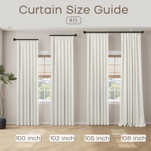 108 Inch Pinch Pleated Blackout Linen Curtains, 9FT Long Floor to