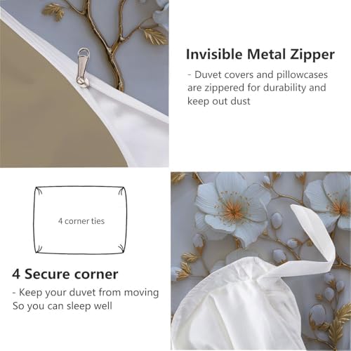Duvet Cover Set King, 3D Minimalist Flowers and Branches Brushed