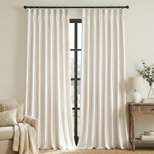 Ivory Velvet Pinch Pleated Curtains: Cream 108 Inch Long 2 Panels