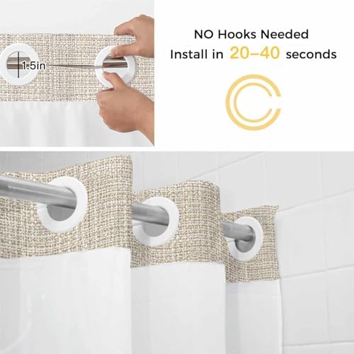 Neutral Tan Linen Weave No Hook Shower Curtain with Snap in Liner