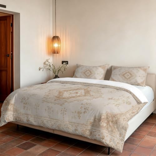 Beige Retro Art Boho Duvet Cover Set 3 Pieces with Zipper Closure