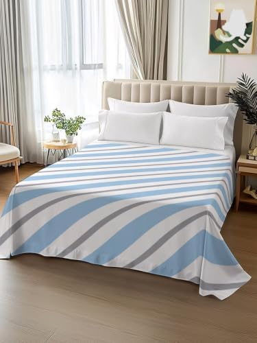 King Size Flat Sheet Only, Light Blue Gray White Stripe Bed Top Sheet