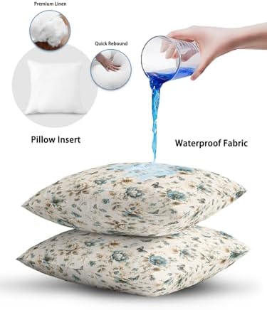Vintage Tulip Throw Pillows 18x18 Set of 2, Teal Flowers Butterfly