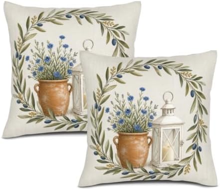 InkRain Farmhouse Harvest Pillow Cover Airy Olive Lantern Wreath Scene