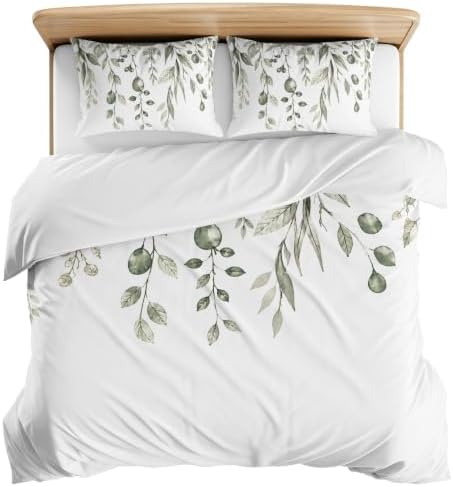 3 Pieces Bedding Set Queen Size, Eucalyptus Leaves Soft Duvet Covers