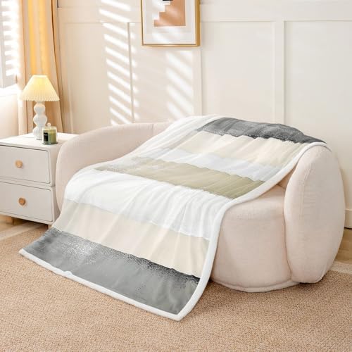 jejeloiu Gray Beige White Sherpa Blanket Plush Fuzzy Modern Abstract