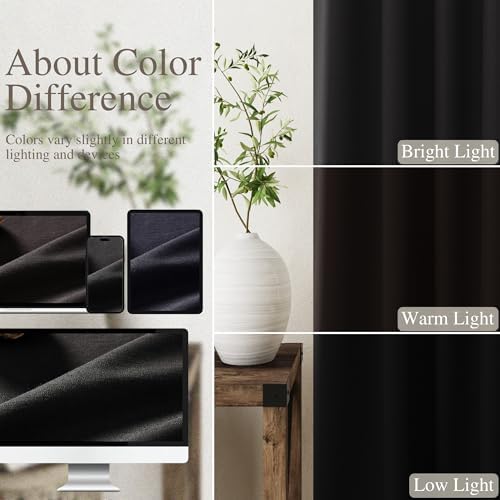 Black Linen Blackout Curtains 84 Inches for Bedroom Pinch Pleated