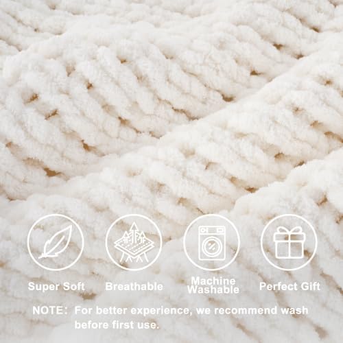 Chunky Knit Throw Blanket for Couch, White Knit Throw Blanket, 50"x60"