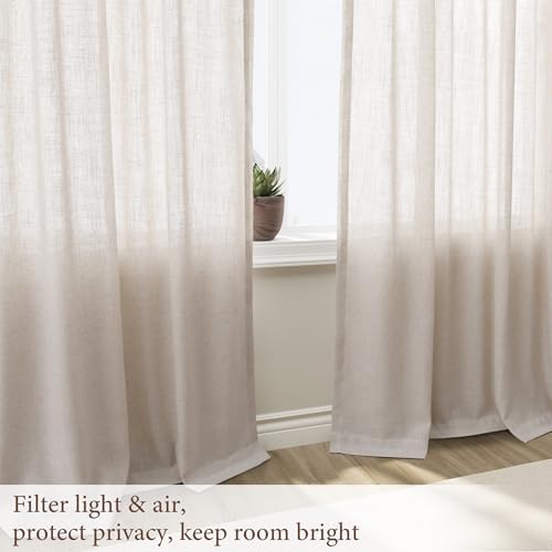 SMABU Linen Curtains 96 Inch Long for Living Room Hook Belt Natural