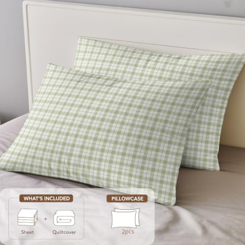 Green Plaid California King 4 Piece Duvet Cover Set, Classic Sage