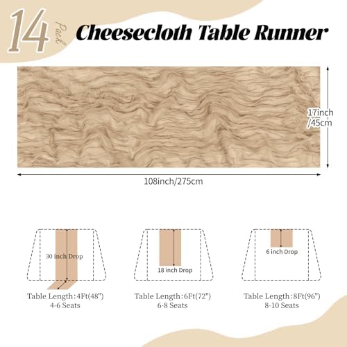 14 Pack Beige Cheesecloth Table Runner 17x108 Inch Semi Sheer Boho