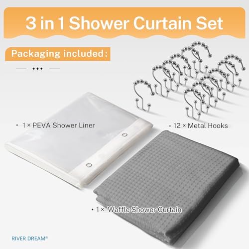 River Dream Grey Shower Curtain with Liner Set, Waffle Fabric Shower