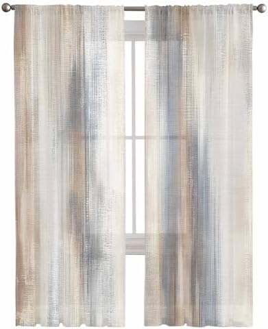 Beige Gray Sheer Curtains 63 Inches Length 2 Panels Set, Window Sheer