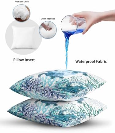 Throw Pillows 12x20 Set of 2, Ocean Blue Turtles Waterproof Outdoor