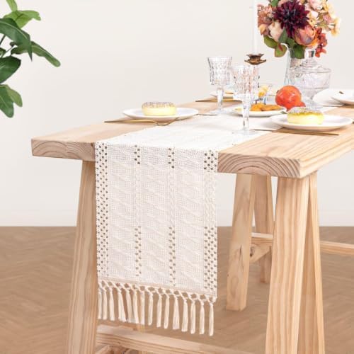 Table Runner Tassel Cotton Linen Pattern Bohemian Beige A 12*108 in