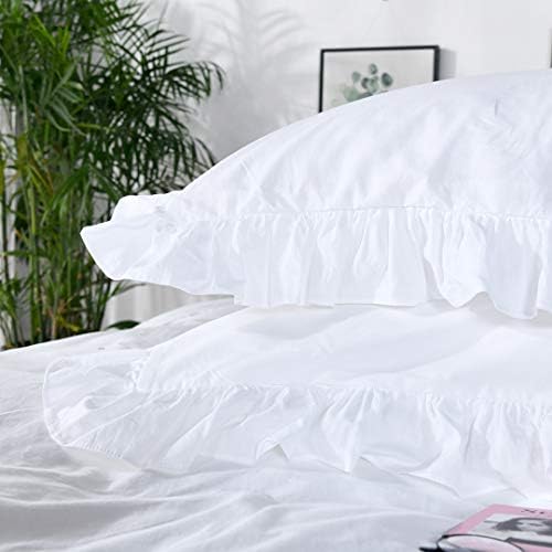 QSH White Ruffle Duvet Cover Queen Washed Cotton Farmhouse Shabby Boho