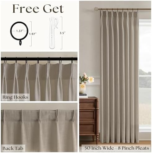Taupe Pinch Pleated Linen Curtains 96 Inches Long for Living Room