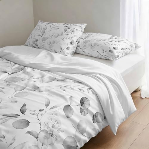 3 Pieces Duvet Cover Gradient Gray Eucalyptus Leaf Luxury Soft