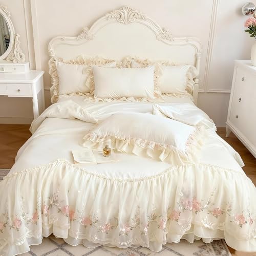 French Chic Bedding Set 4-Piece - Romantic Lace Trim Washed Cotton
