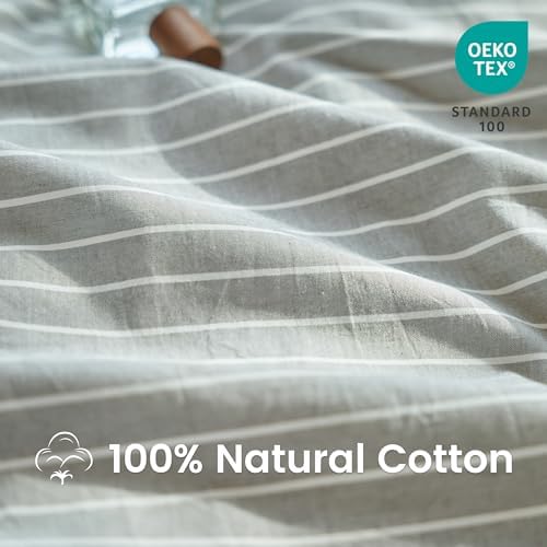 FALUCA 100% Washed Cotton Striped Duvet Cover Set King Size 3 Pieces