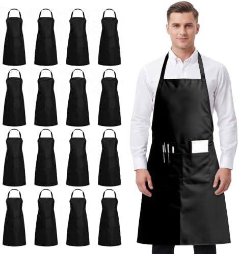16 Pack Black Bib Apron, Waterd Resistant Unisex Aprons Bulk with 2