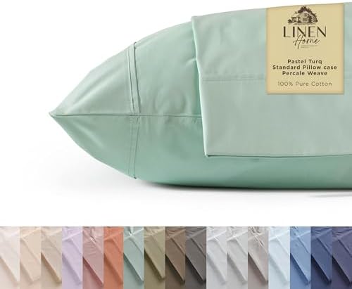 Linen Home 100% Cotton Percale Pillowcases Queen Size, Pastel Turk