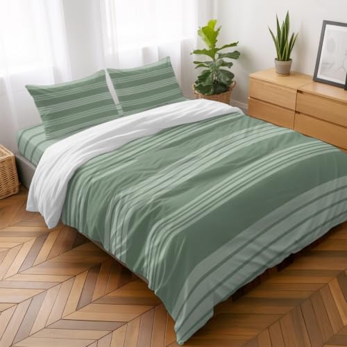 Sage Green Stripe Farmhouse Duvet Cover Set-4 Pieces Cal King Bedding