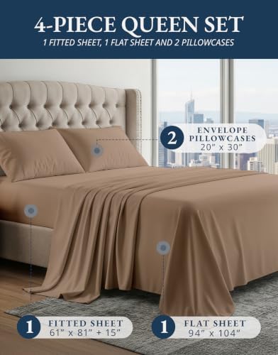 LANE LINEN Cooling Sheets Queen 100% Egyptian Cotton Sateen - Taupe