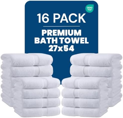 16-Pack Bath Towel Set, 27" x 54", 600 GSM Cotton, Commercial-Grade